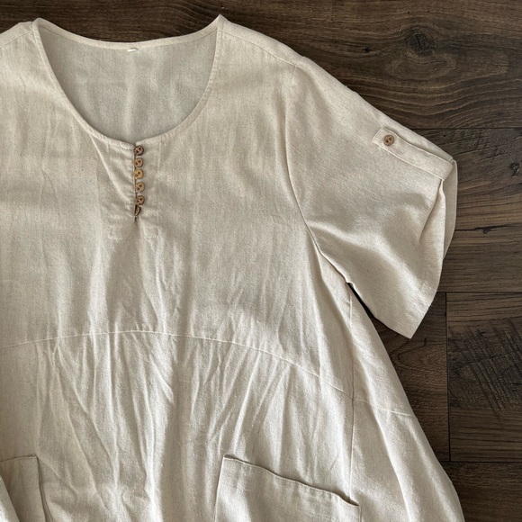 Ivory Cream Linen Pocket Short Sleeve Roll Up Button Dress Casual Comfy One Size - Picture 5 of 10